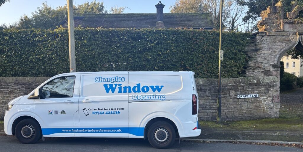 Sharples Window Cleaning van on Grape Lane in Croston