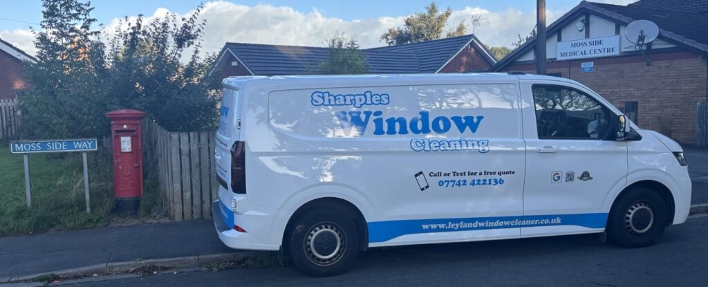Sharples Window Cleaning van on Moss Side Way in Moss Side, Leyland