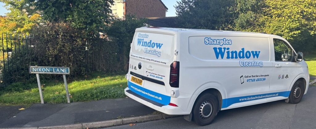 Sharples Window Cleaning van on Nixon Lane in Moss Side, Leyland